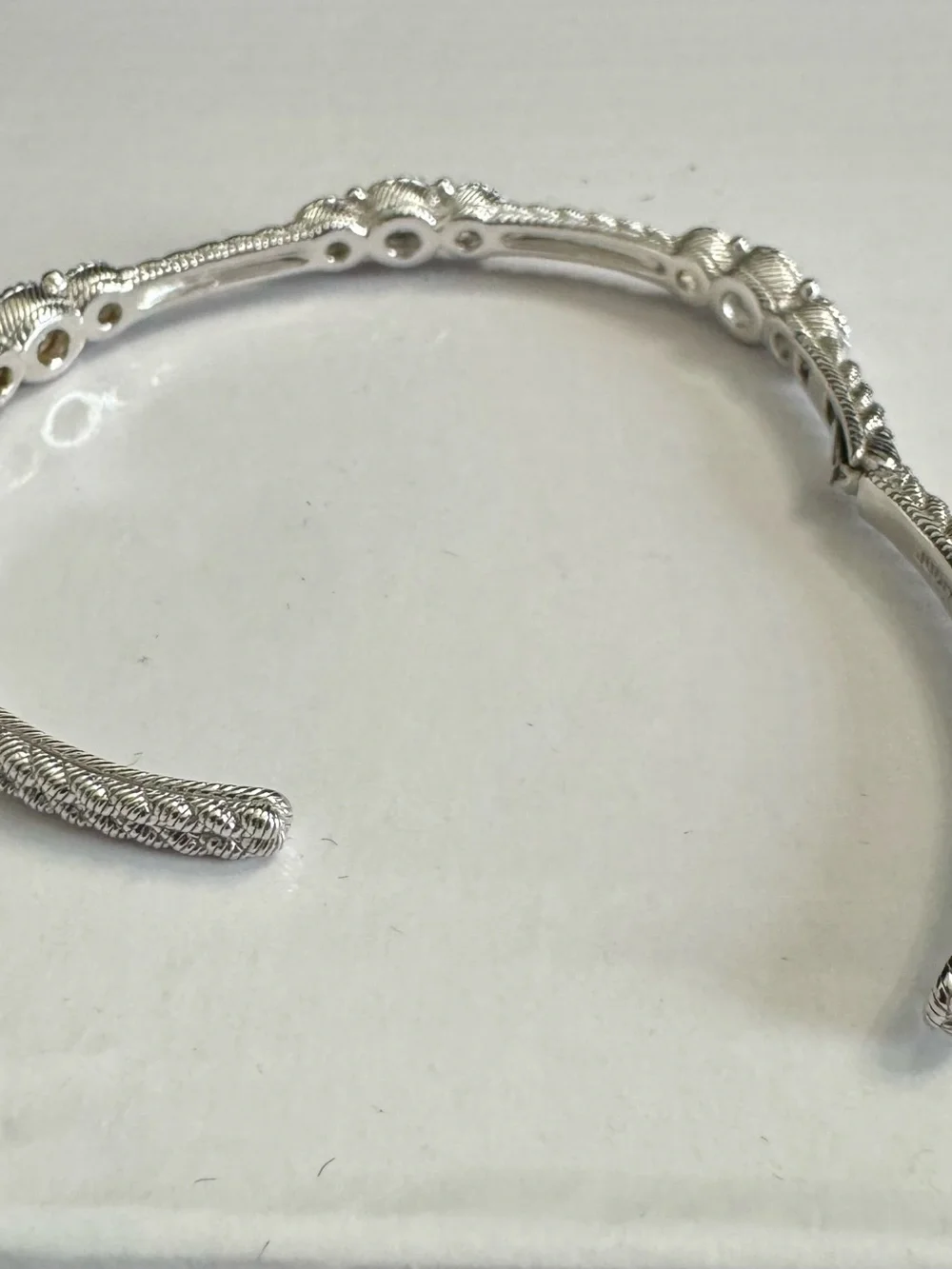Judith Ripka 925 Silver Textured Bangle w/ Stations 3  Round Diamonique Crystals - Picture 8 of 9
